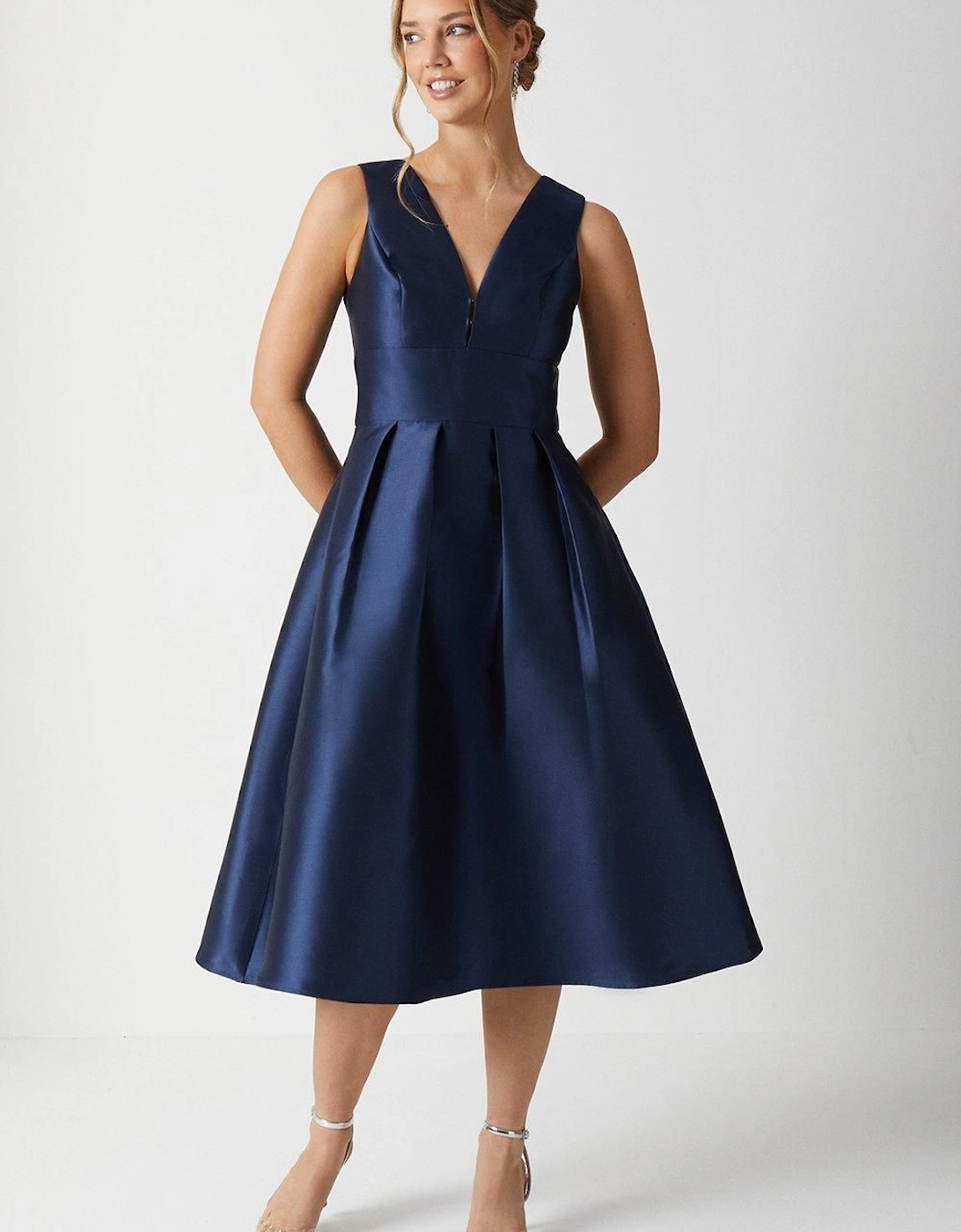 Plunge Neck Structured Twill Midi Bridesmaid Dress, 5 of 4