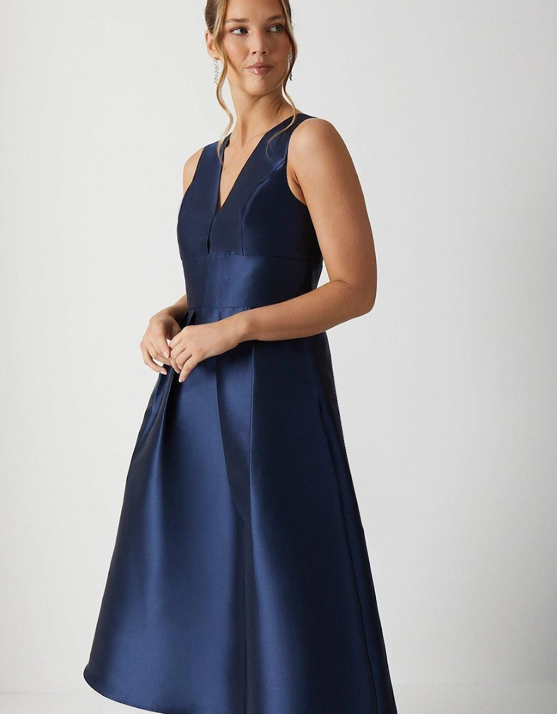 Plunge Neck Structured Twill Midi Bridesmaid Dress