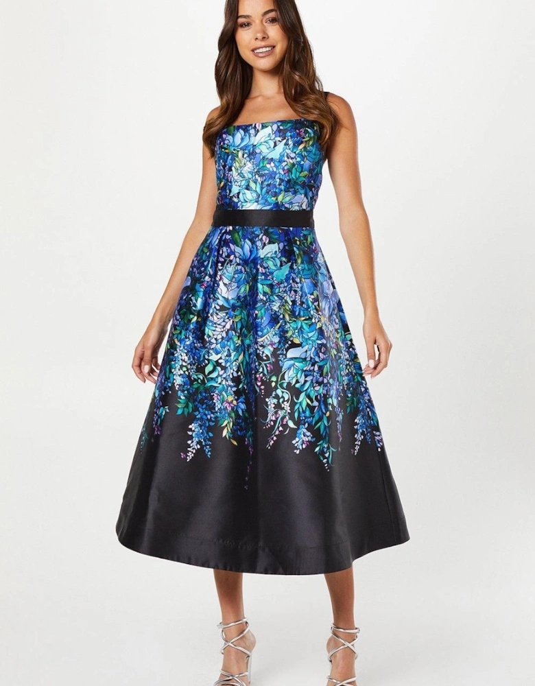 Trailing Floral Satin Twill Midi Wedding Guest Dress