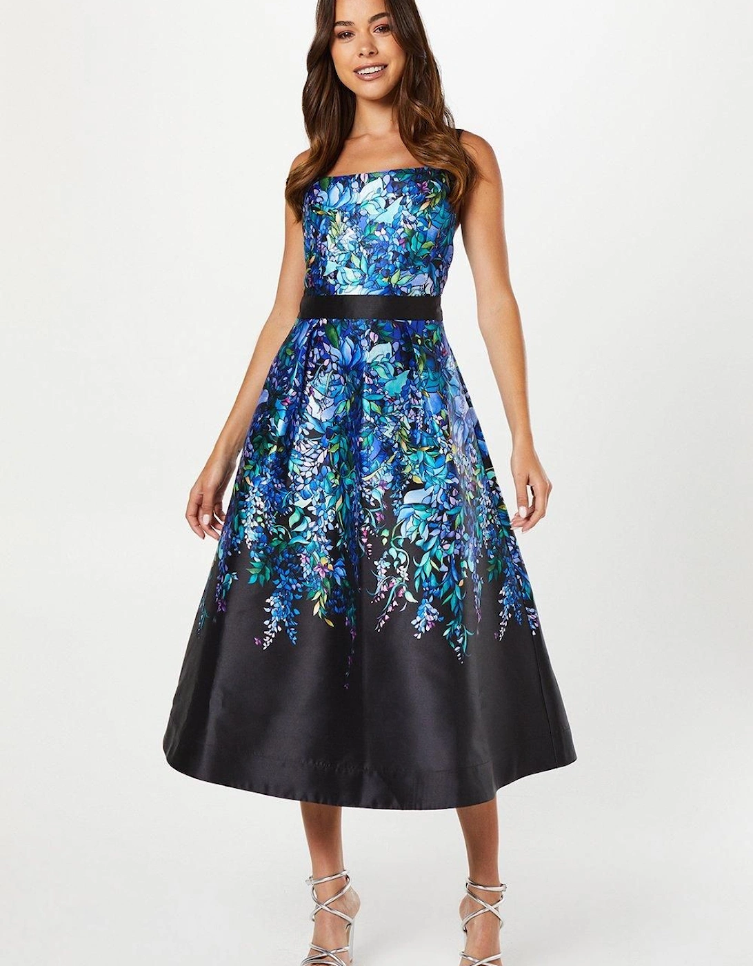 Trailing Floral Satin Twill Midi Wedding Guest Dress, 5 of 4