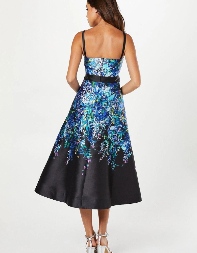 Trailing Floral Satin Twill Midi Wedding Guest Dress