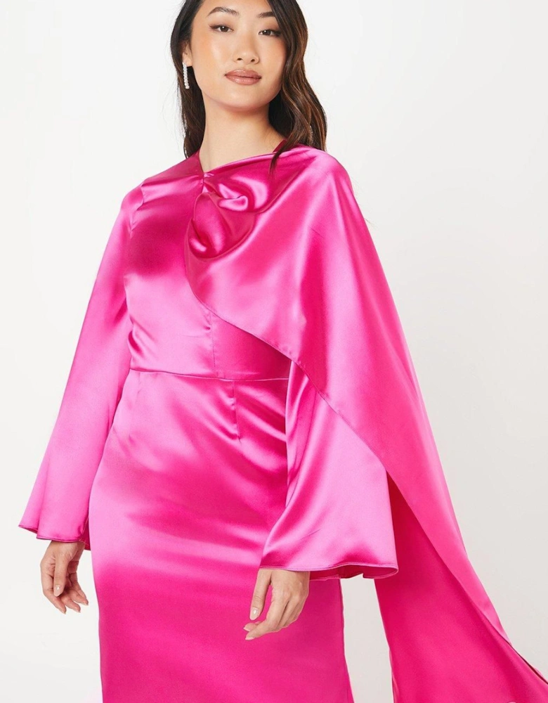 Satin Scarf Neck Wrap Skirt Midi Dress