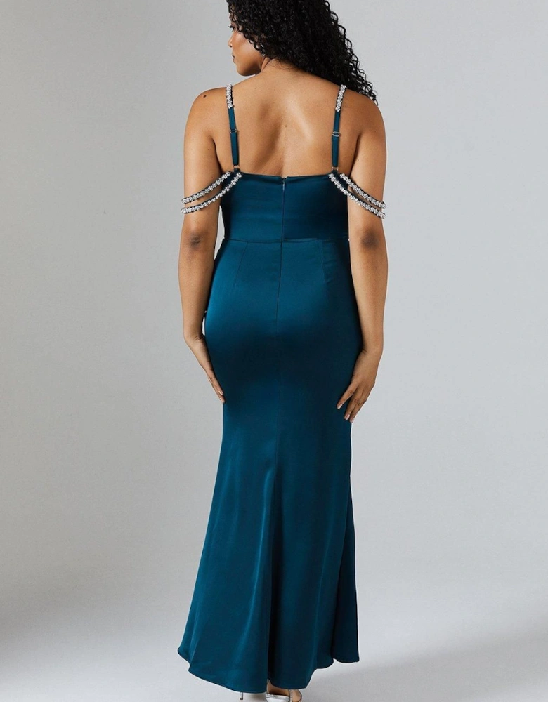 Diamante Trim Draped Shoulder Maxi Dress