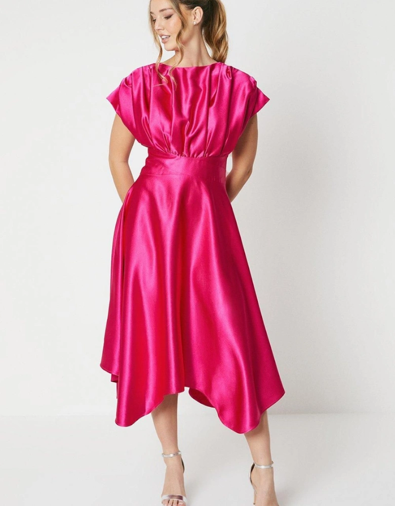 Satin Pleat Shoulder Handkerchief Hem Midi Dress