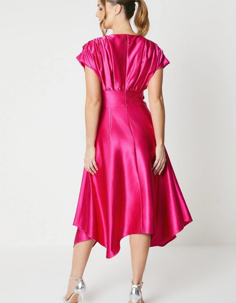 Satin Pleat Shoulder Handkerchief Hem Midi Dress