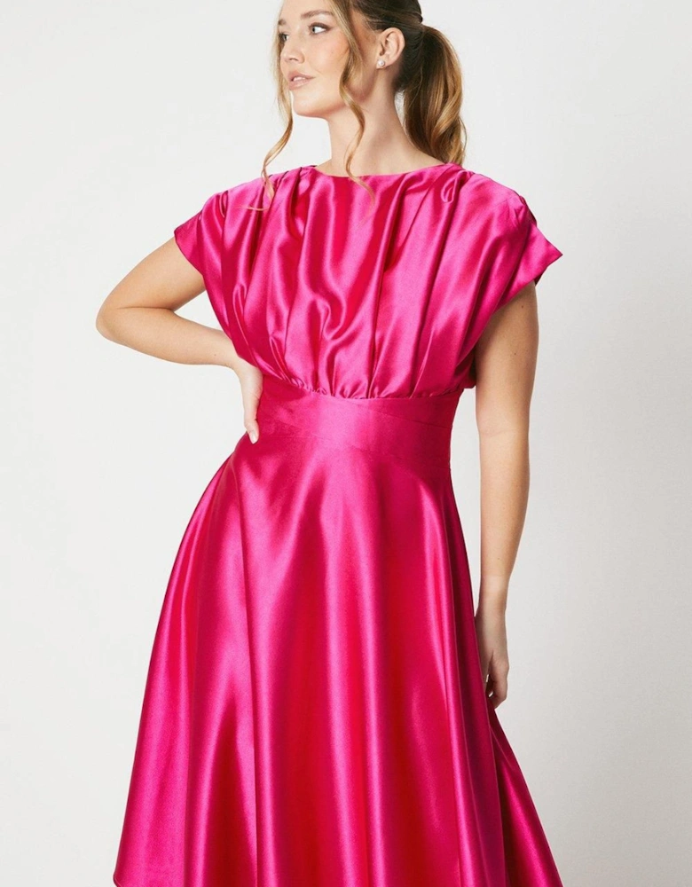 Satin Pleat Shoulder Handkerchief Hem Midi Dress