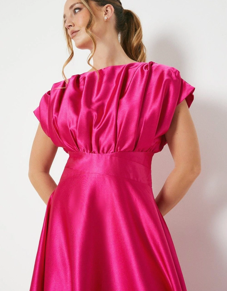 Satin Pleat Shoulder Handkerchief Hem Midi Dress