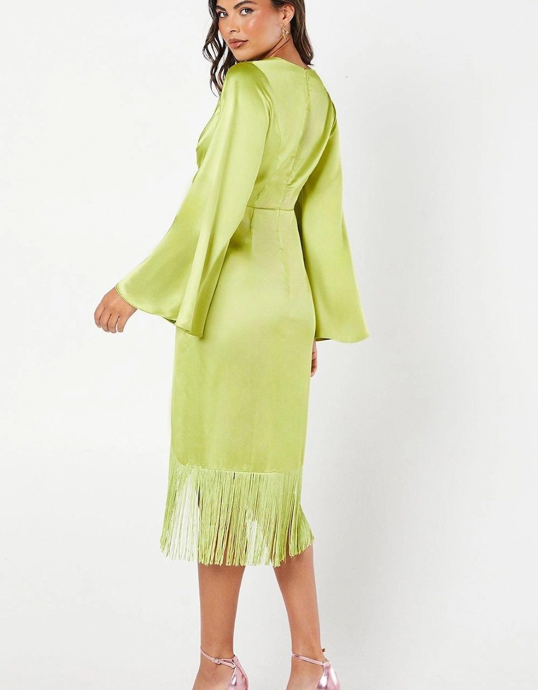 Satin Fringe Hem Wrap Waist Midi Dress