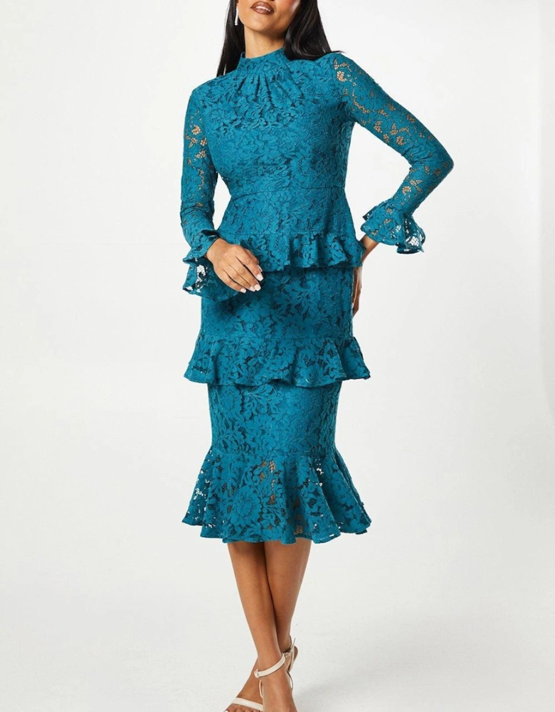 Long Sleeve Tiered Ruffle Lace Midi Dress