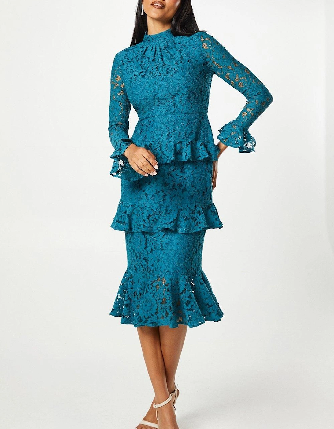 Long Sleeve Tiered Ruffle Lace Midi Dress, 6 of 5