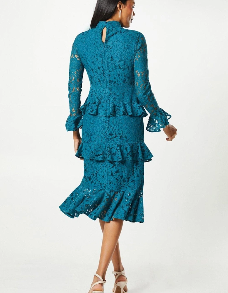 Long Sleeve Tiered Ruffle Lace Midi Dress