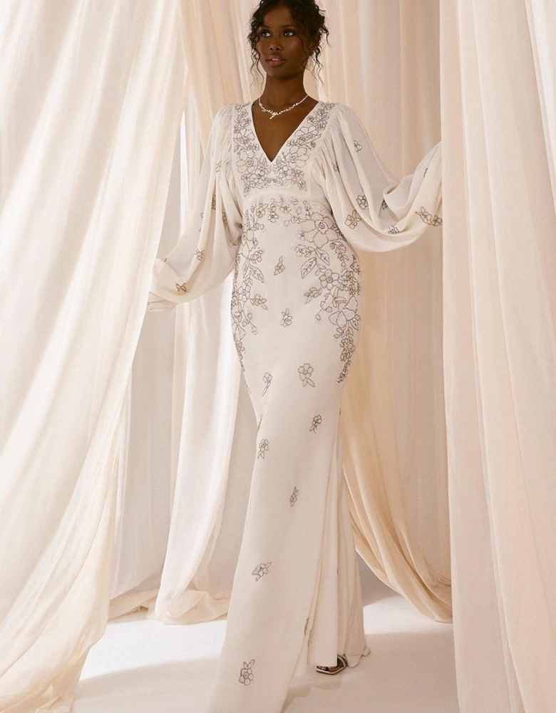 Premium V Neck Blouson Sleeve Embellished Wedding Dress