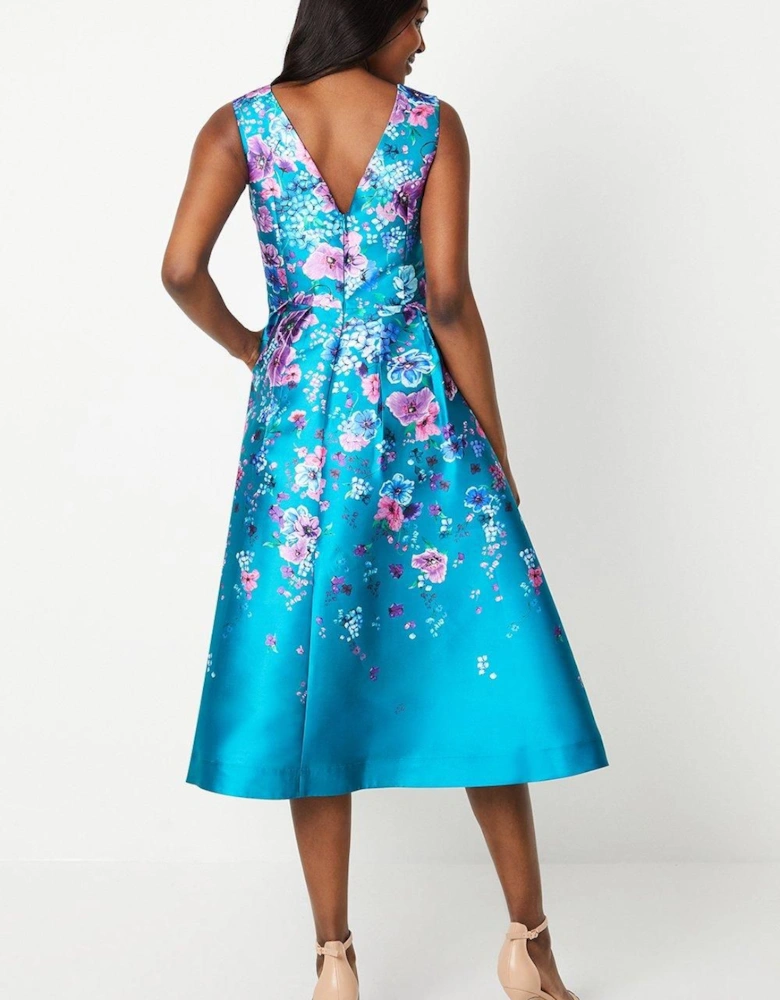 Floral Printed Twill Midi Dress With Pockets