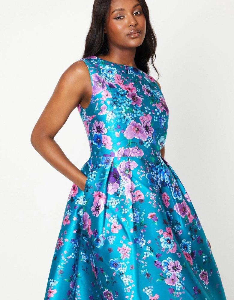 Floral Printed Twill Midi Dress With Pockets