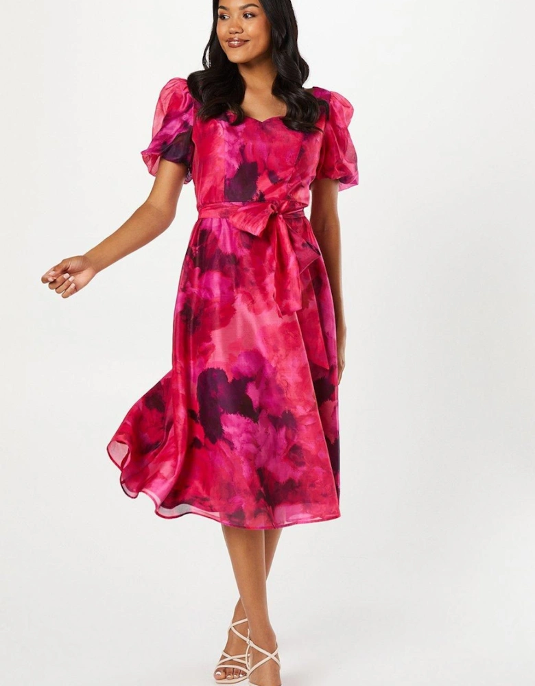 Printed Organza Sweetheart Neck Midi Wedding Guest Dress