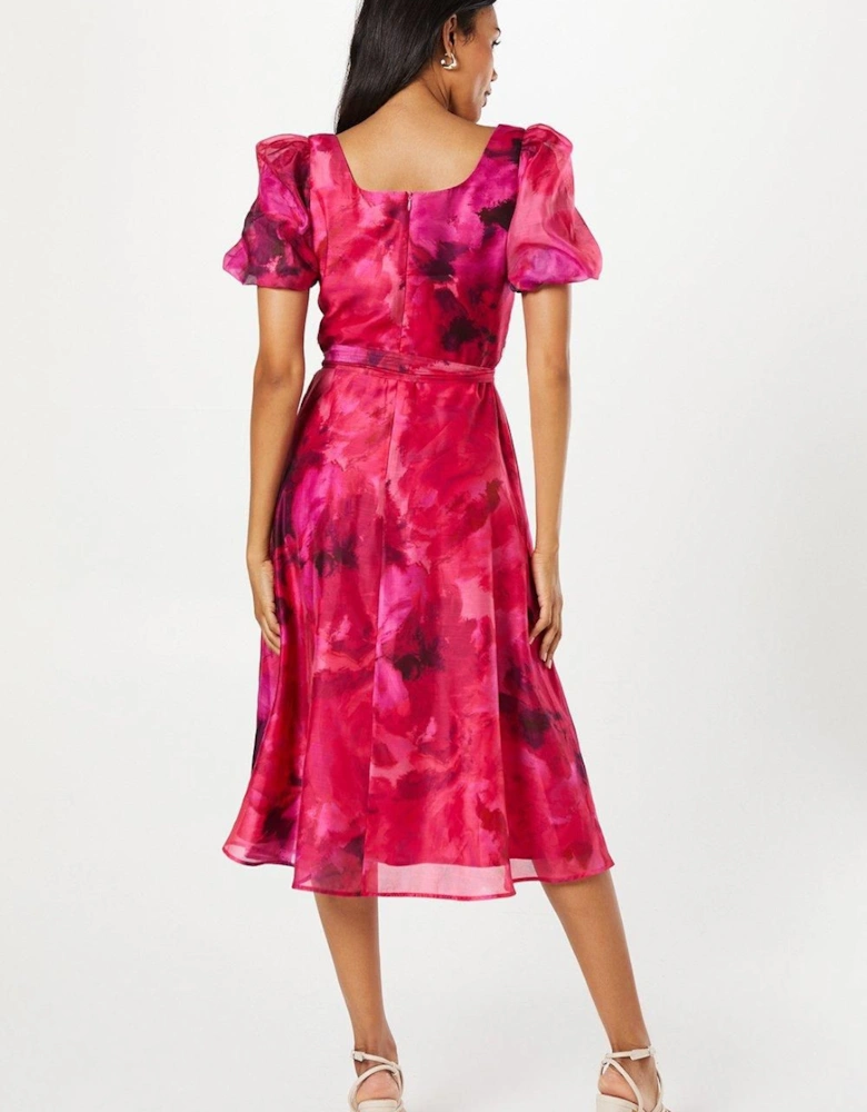 Printed Organza Sweetheart Neck Midi Wedding Guest Dress