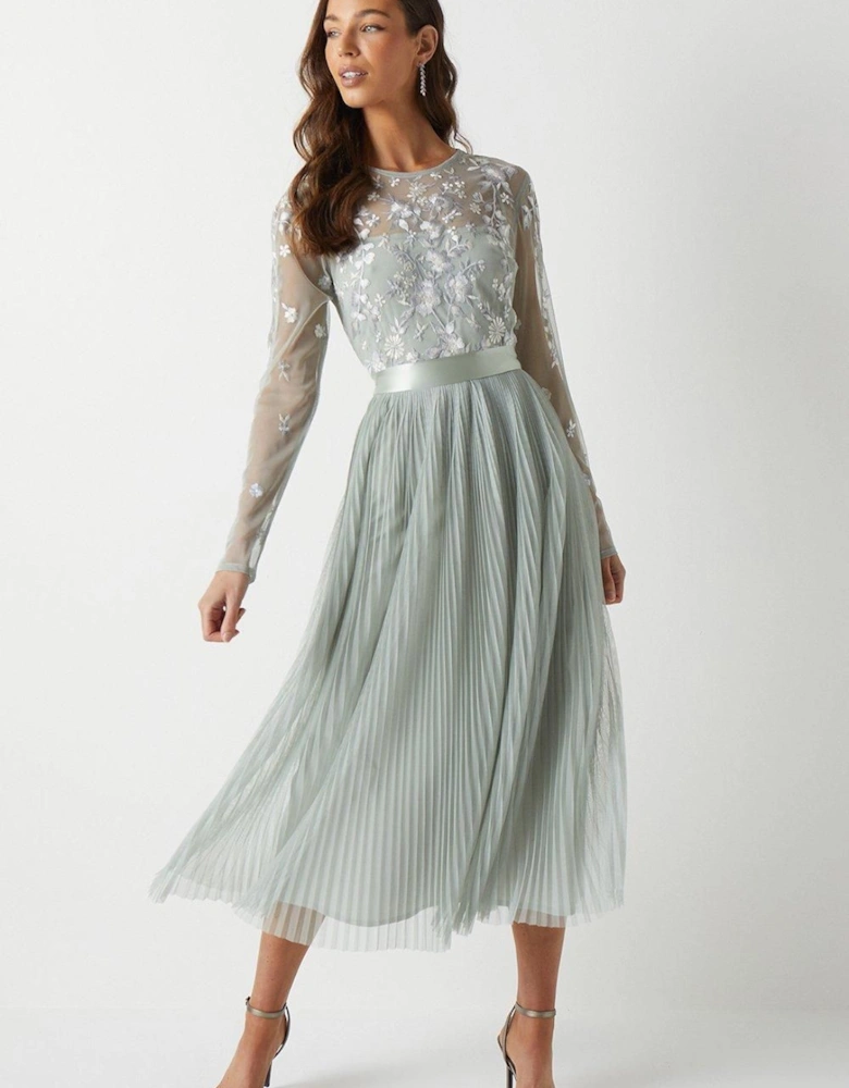 Embroidered Floral Pleated Midi Bridesmaid Dress