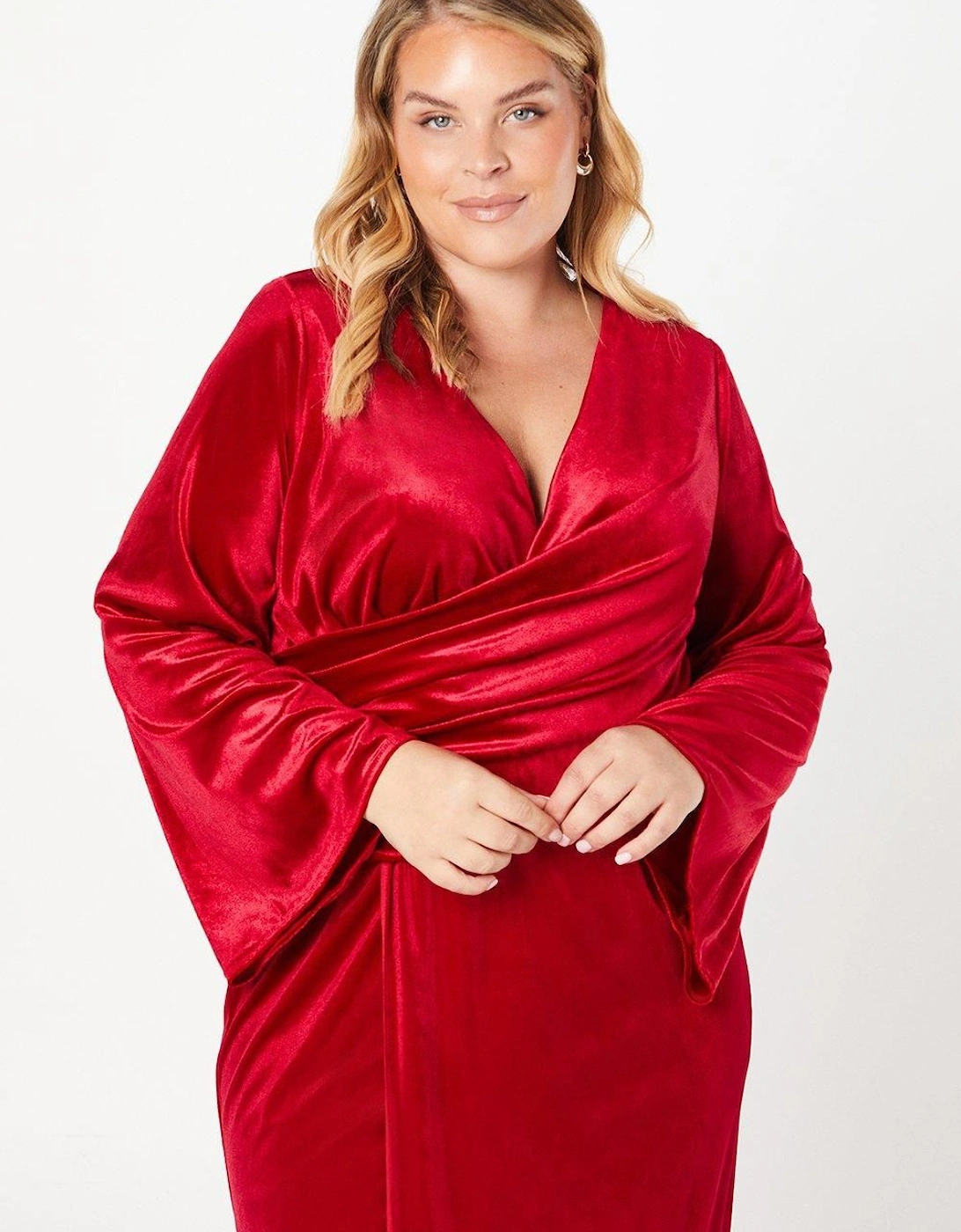 Plus Velvet Long Sleeve Wrap Midi Dress