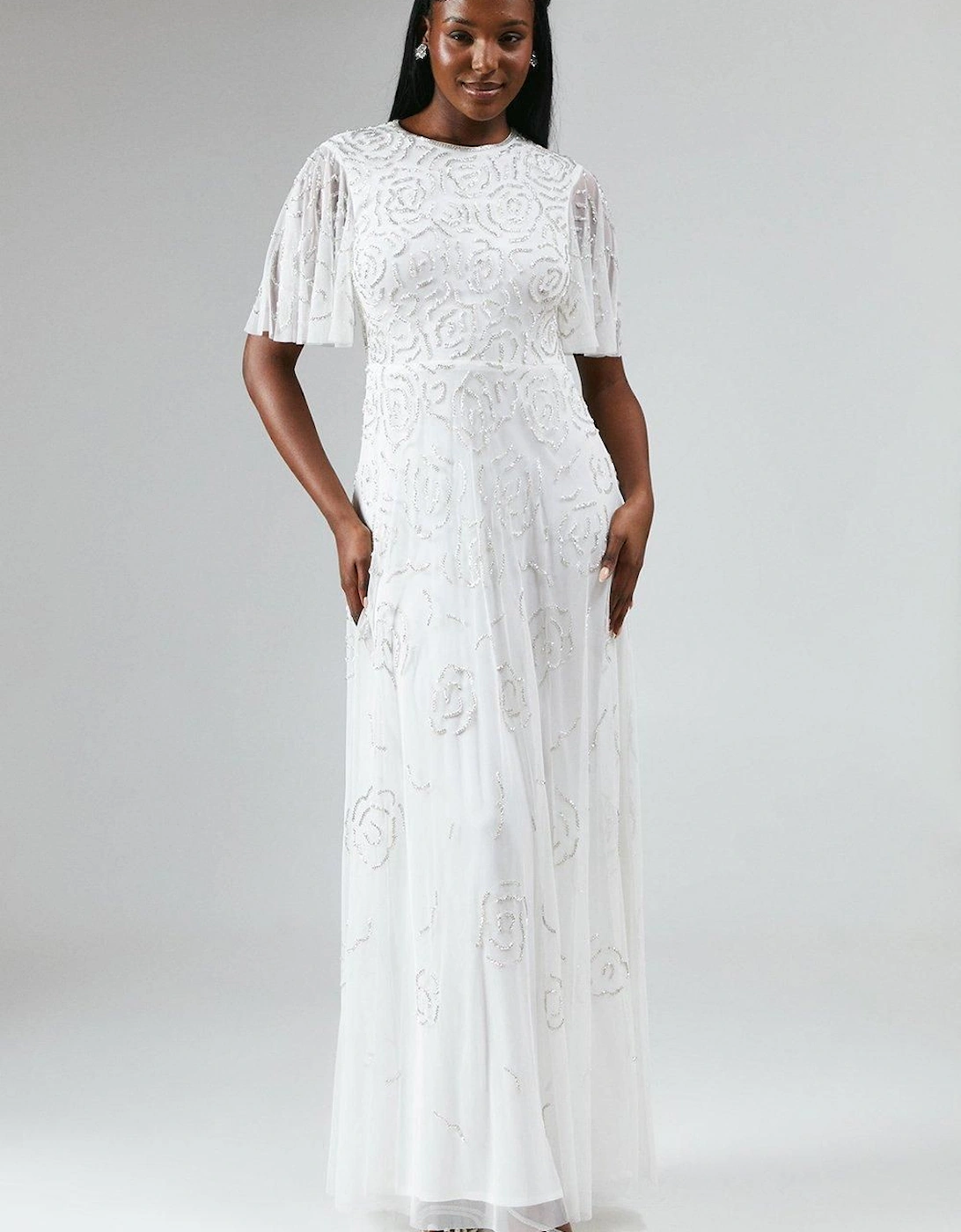 Rose Embroidered Angel Sleeve Wedding Dress, 6 of 5