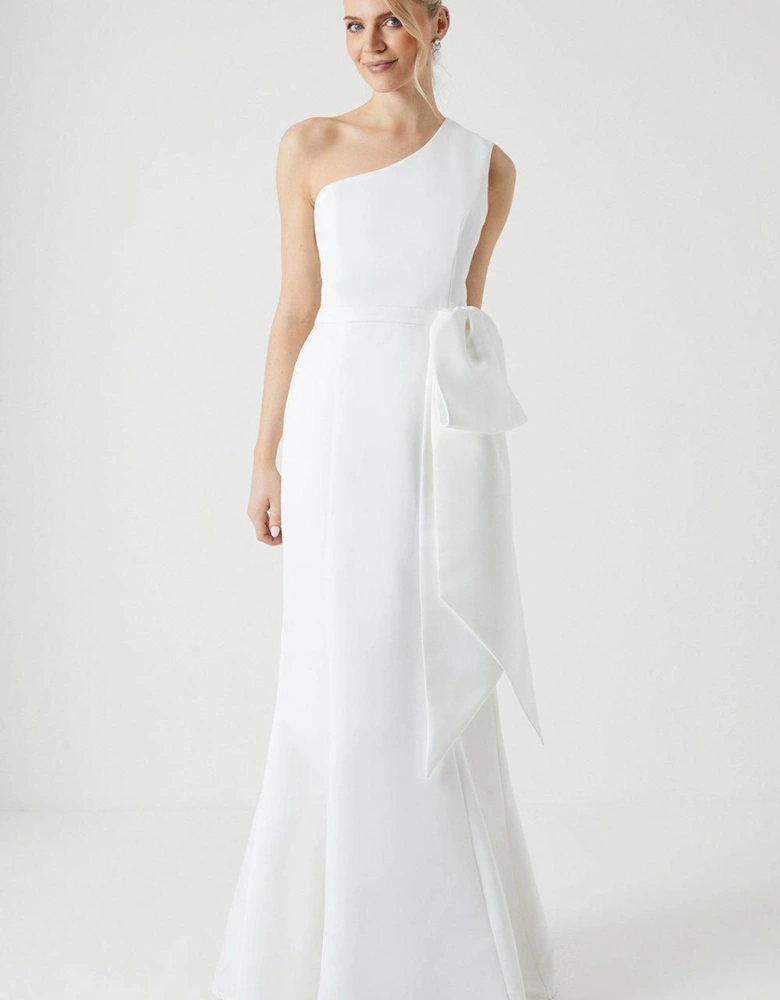 Structured Satin Statement Bow One Shoulder Bridal Dress