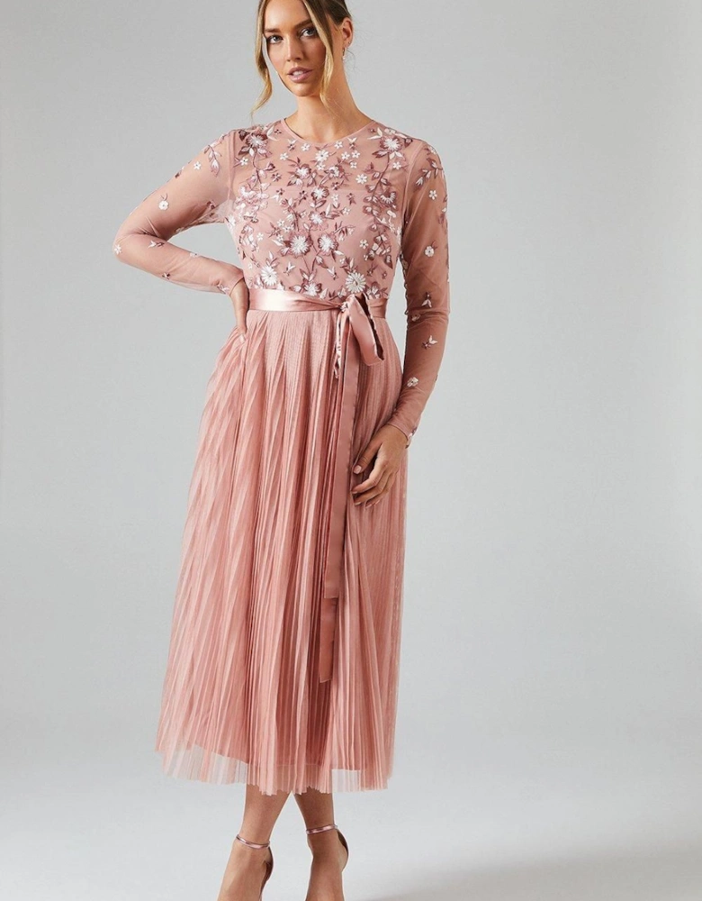 Embroidered Floral Pleated Midi Bridesmaid Dress