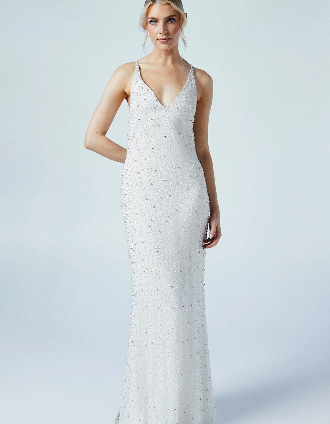 V Neck Strappy Beaded Wedding Dress, 6 of 5