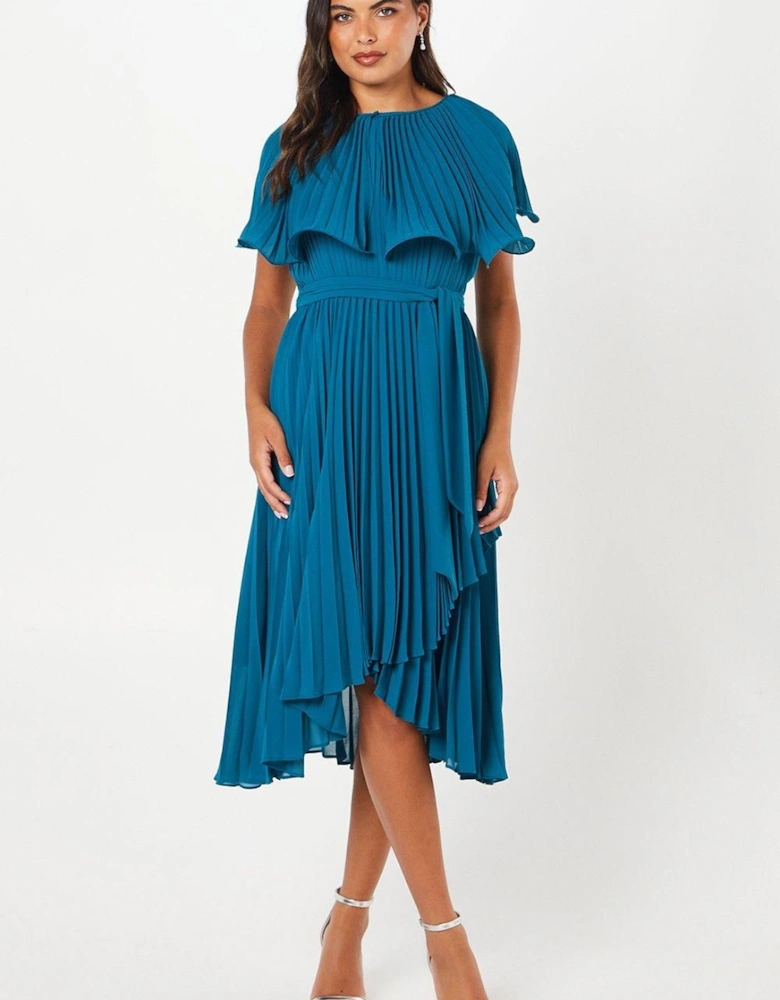 Detachable Pleated Cape Detail Midi Dress With Tie Waist