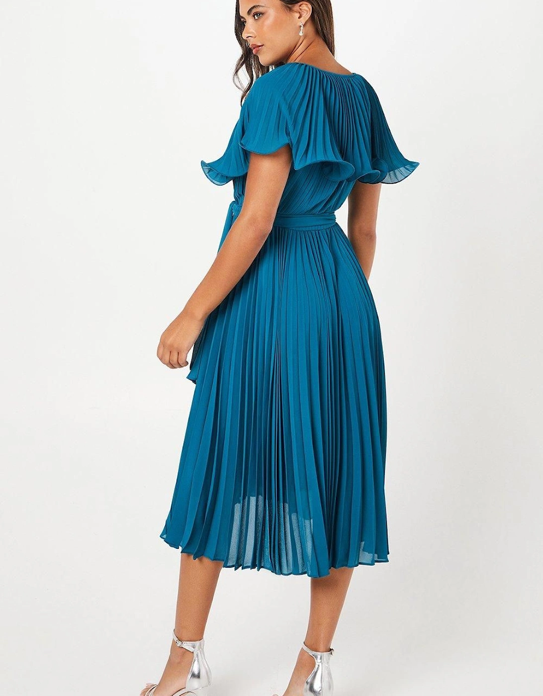 Detachable Pleated Cape Detail Midi Dress With Tie Waist