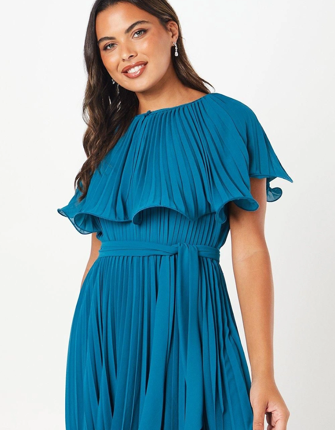 Detachable Pleated Cape Detail Midi Dress With Tie Waist