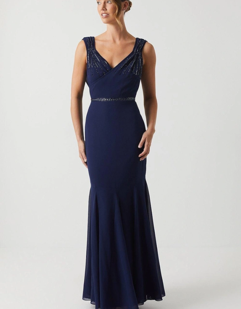 Cowl Back Chiffon Embellished Bridesmaid Dress