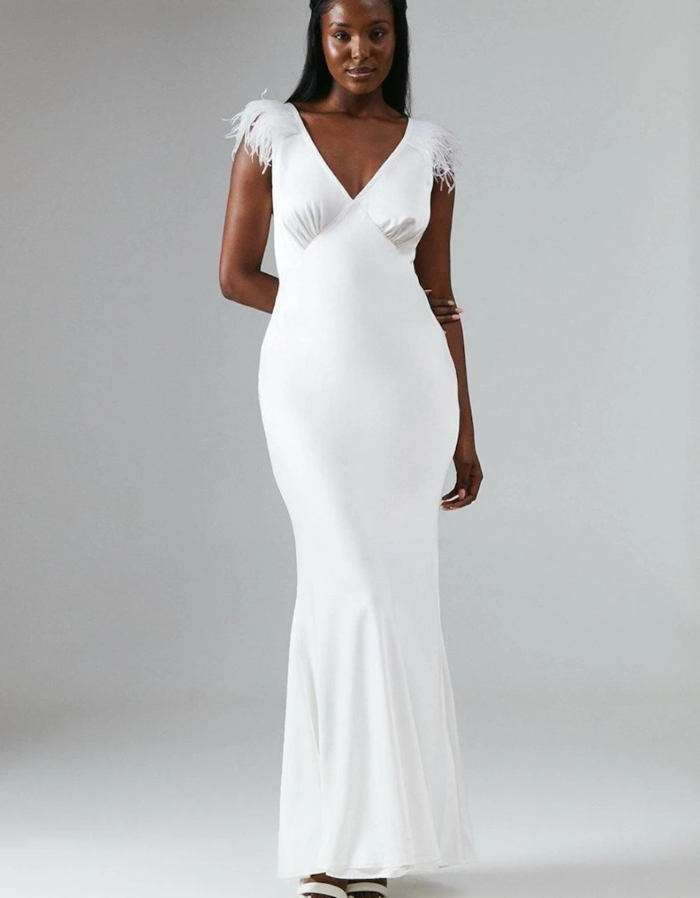 Feather Trim V Neck Satin Wedding Dress