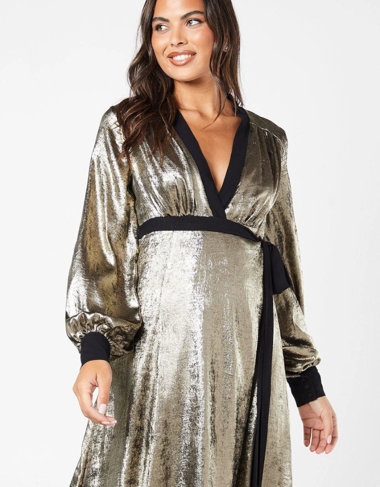 Party Metallic Long Sleeve Wrap Dress