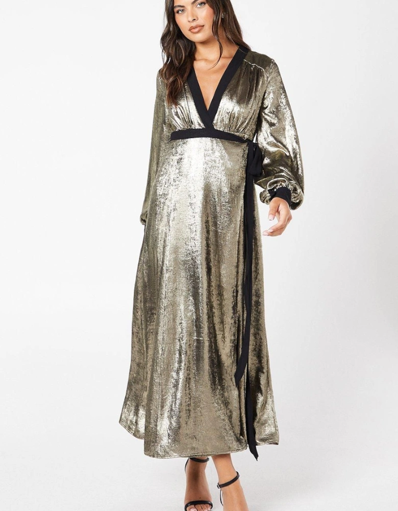 Party Metallic Long Sleeve Wrap Dress