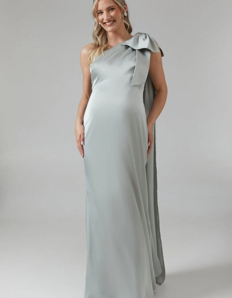 Maternity One Shoulder Bow Satin Maxi Bridesmaid Dress