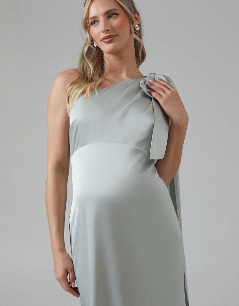 Maternity One Shoulder Bow Satin Maxi Bridesmaid Dress