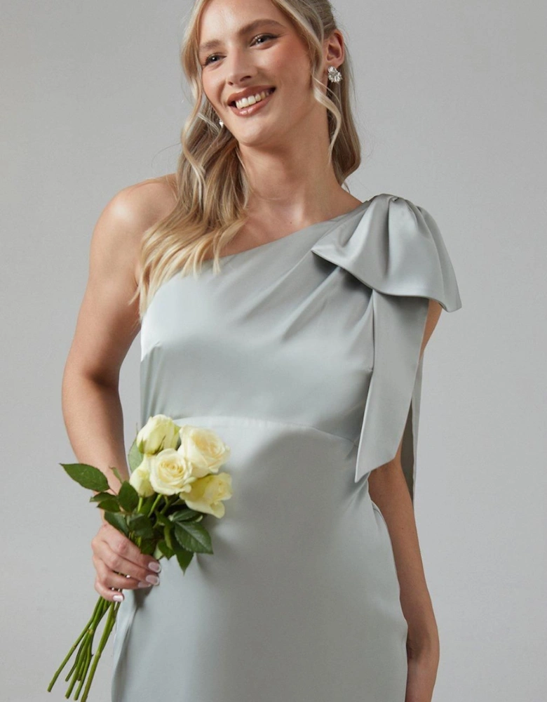 Maternity One Shoulder Bow Satin Maxi Bridesmaid Dress