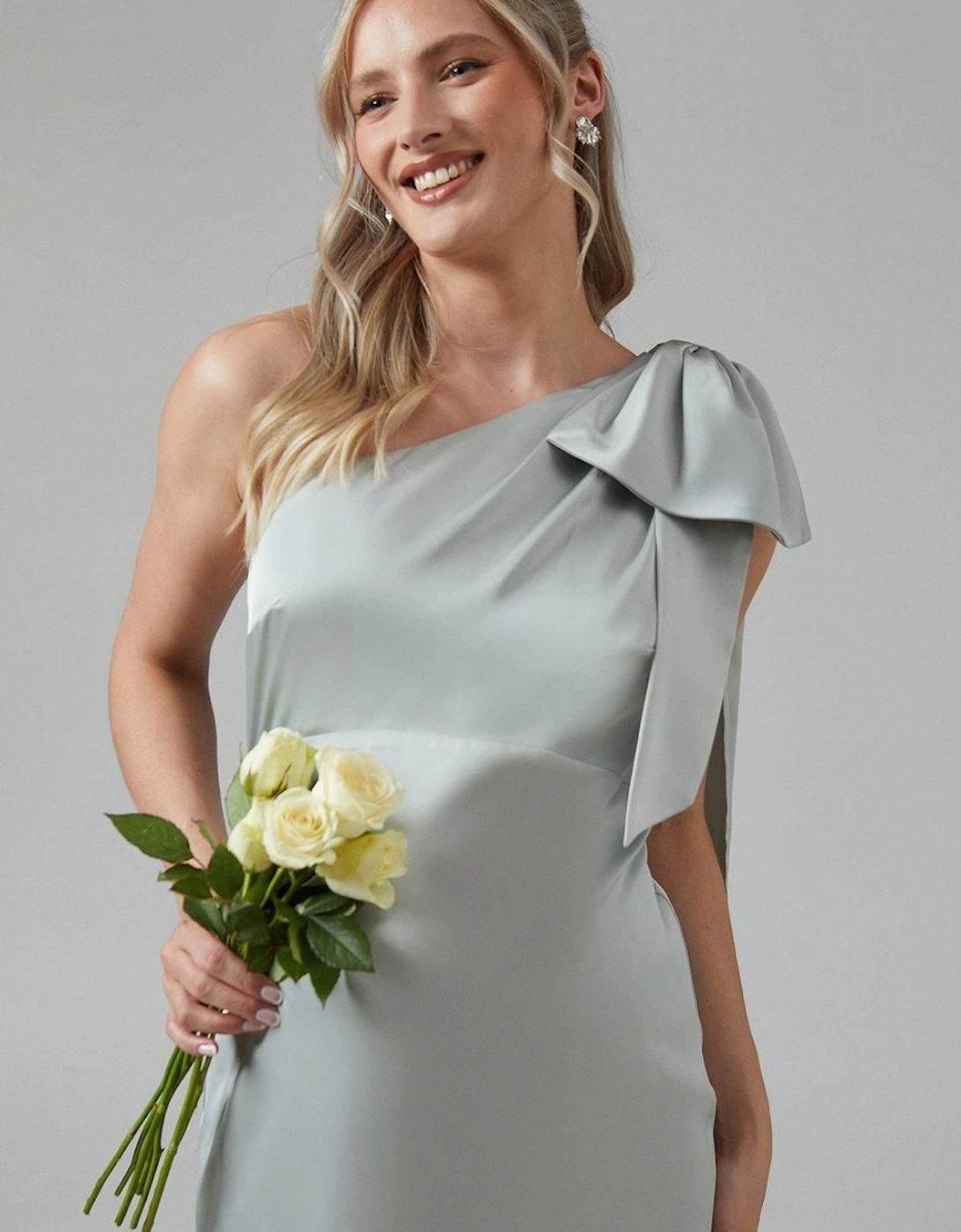 Maternity One Shoulder Bow Satin Maxi Bridesmaid Dress