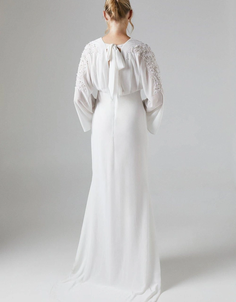 Premium Kimono Sleeve Embellished Fishtail Wedding Dress With Cutwork