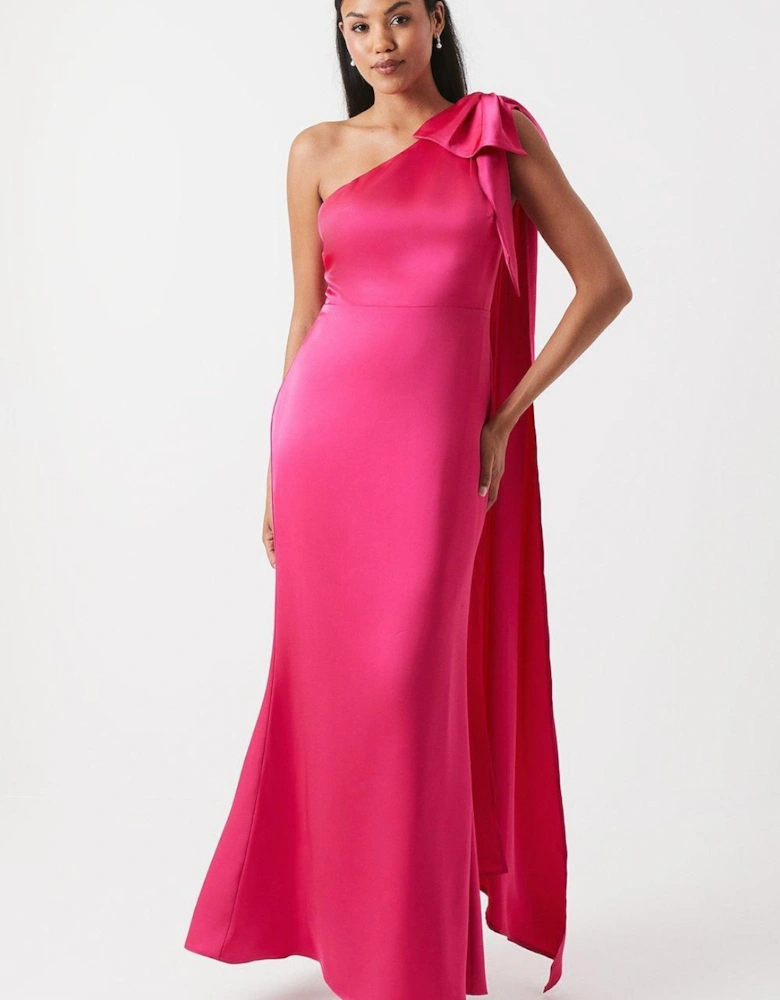 Bow And Drape Detail One Shoulder Satin Bridesmaid Dress