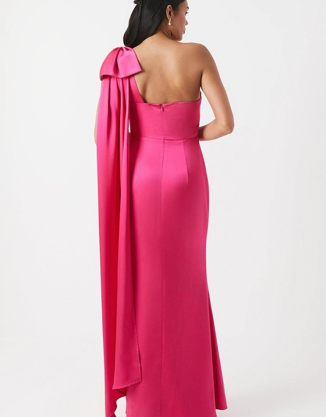 Bow And Drape Detail One Shoulder Satin Bridesmaid Dress