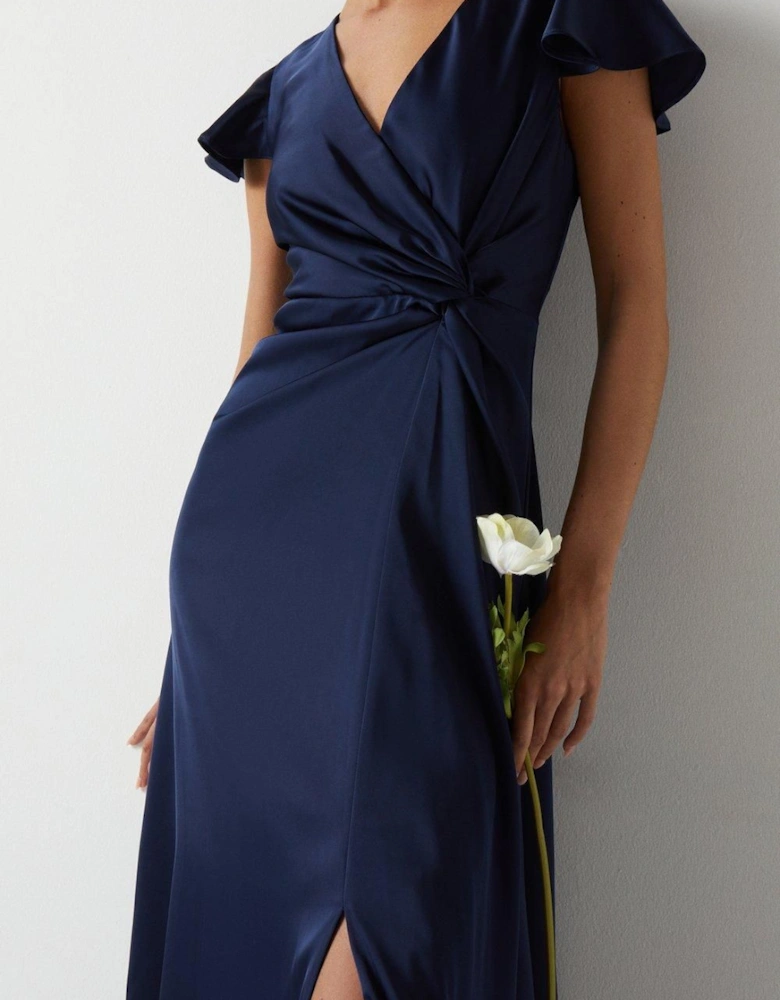 Twist Front Angel Sleeve Bridesmaids Maxi Dress