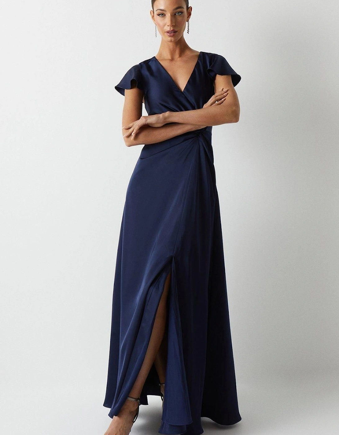 Twist Front Angel Sleeve Bridesmaids Maxi Dress