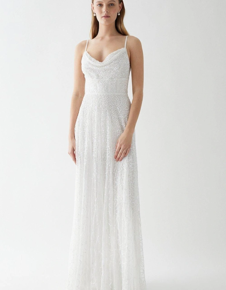 Sequin Cowl Neck Full Skirted Wedding Dress