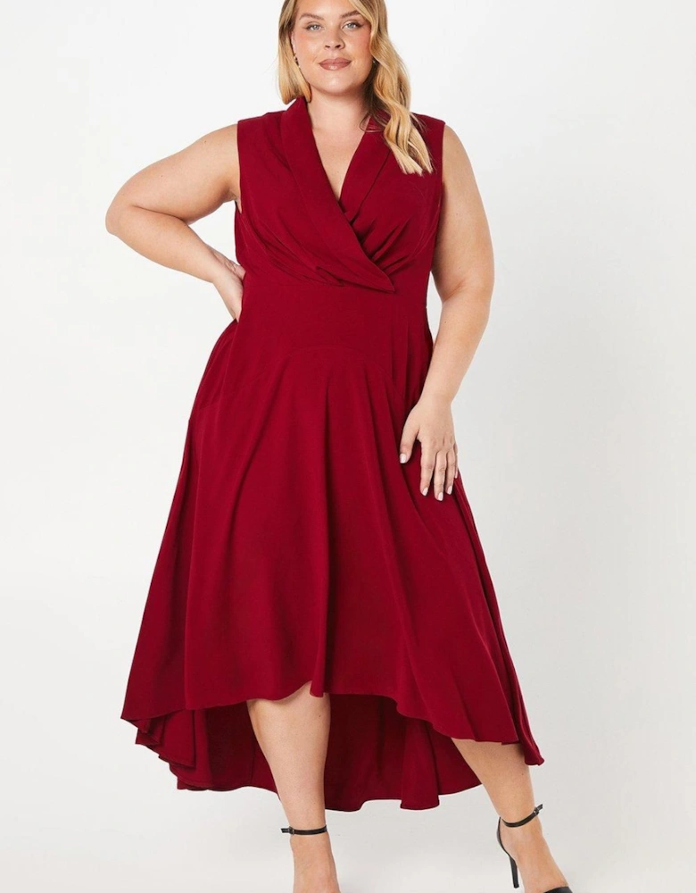 Plus Collared Wrap Bodice Drape Crepe Midi Wedding Guest Dress