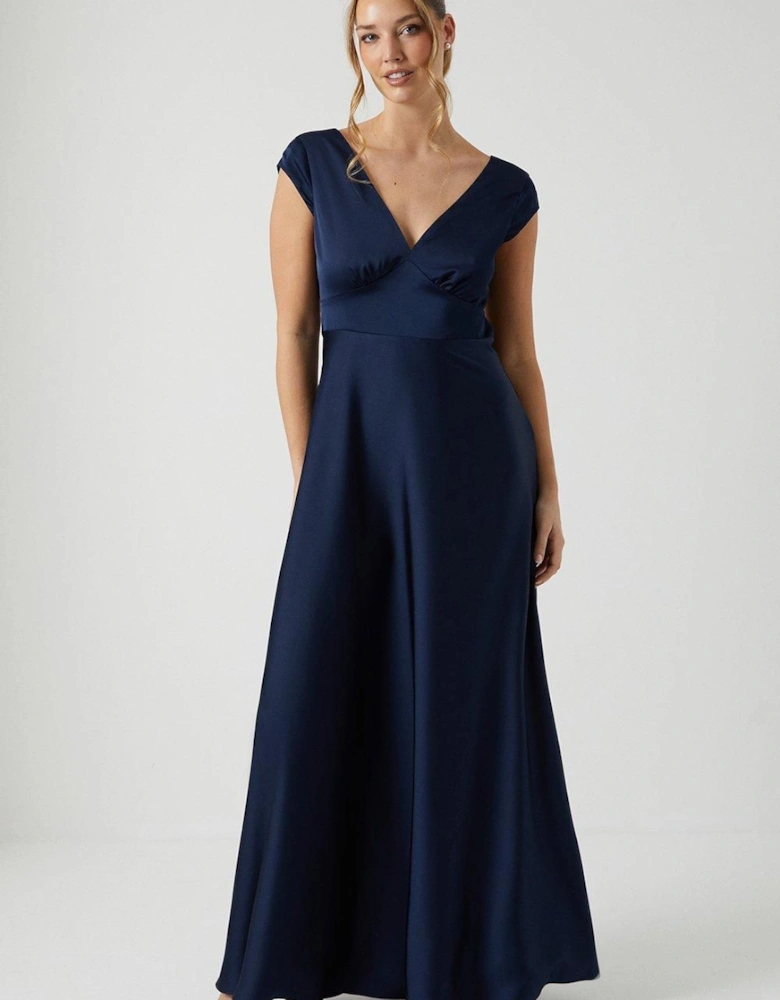 V Neck Satin Drape Tie Back Bridesmaid Dress