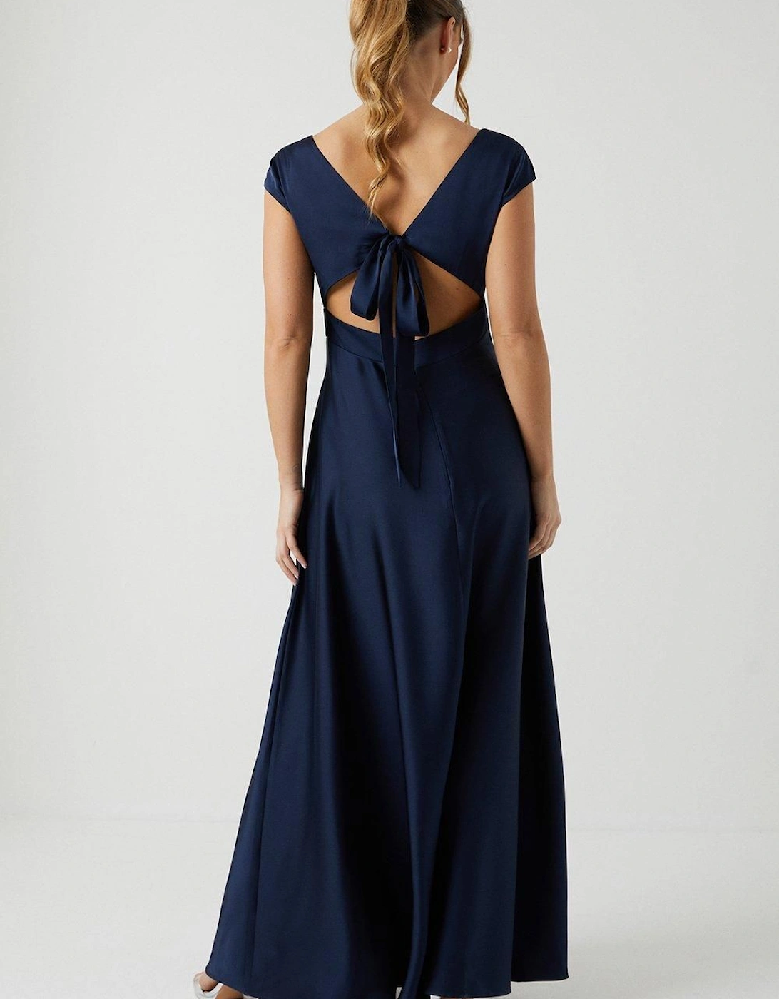 V Neck Satin Drape Tie Back Bridesmaid Dress