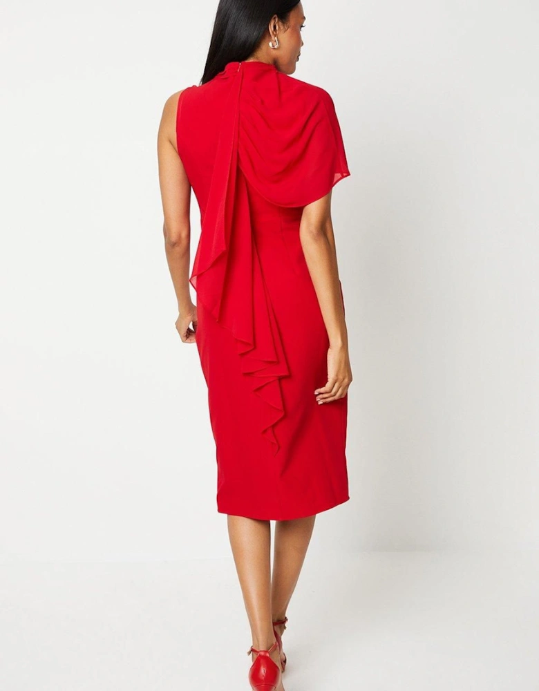 Chiffon Cape Overlay Crepe Midi Wedding Guest Dress