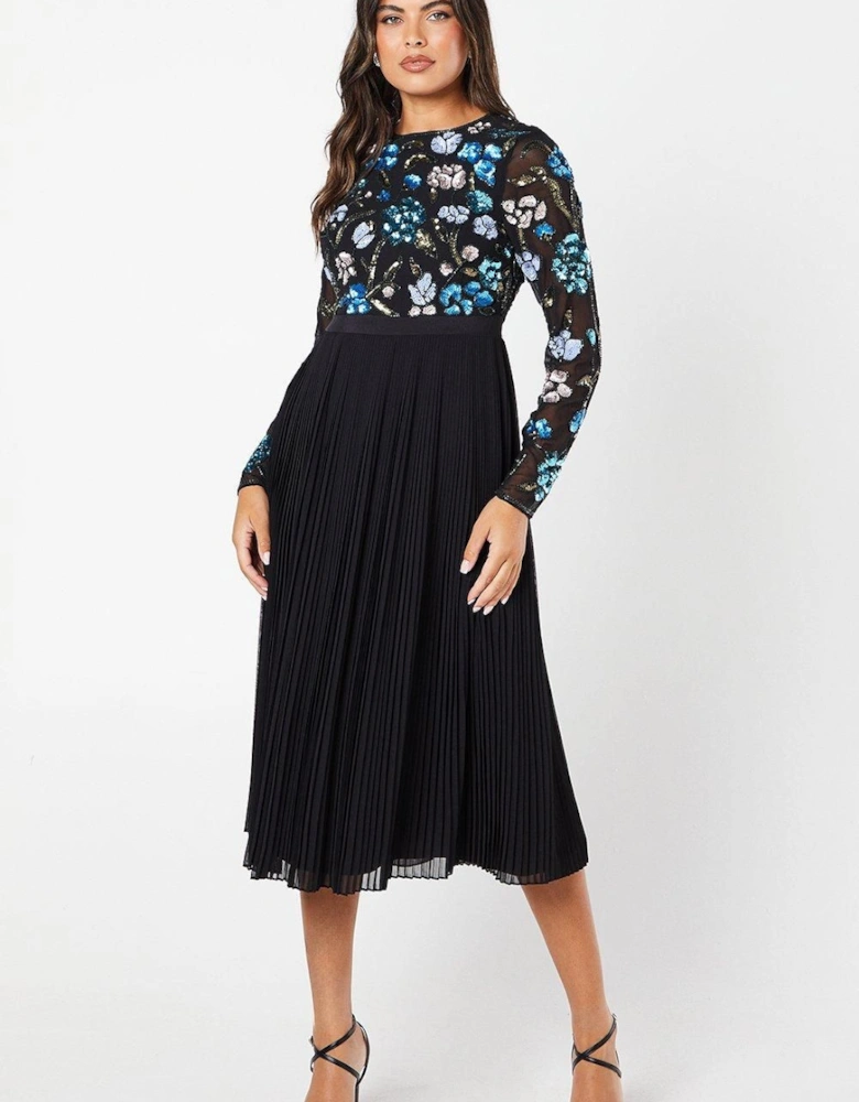 Party Sequin Long Sleeve Floral Midi Dress