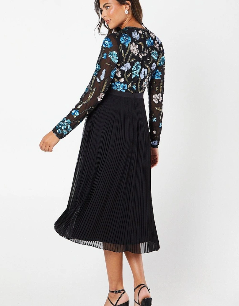 Party Sequin Long Sleeve Floral Midi Dress