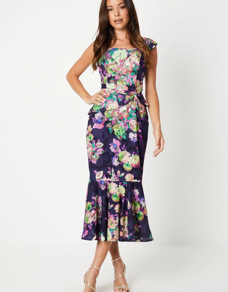 Printed Twist Detail Georgette Jacquard Midi Dress